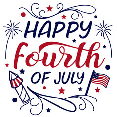 Happy fourth of july design with american flag, fireworks, and decorative swirls in red and blue