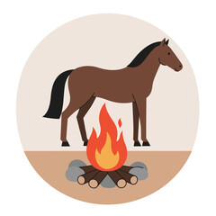 Fototapeta premium Brown horse standing near campfire in circular graphic design 