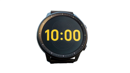 Black smartwatch displaying 10 o'clock isolated on transparent background