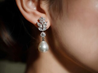 Close-up of luxurious earrings featuring sparkling zircon stones and a single large pearl, showcasing refined elegance and high-end design.