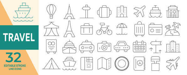 travel icon set Editable stroke line Travel, beach, tourism, summer holidays, hotel, relax, beach, luggage, passport, more.Vector illustration