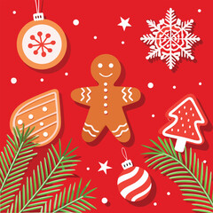 Red Christmas gingerbread background. Xmas design with winter cookies, fir branches, snowflakes and snow. Empty space for your text. Template for cards, banner, poster.
