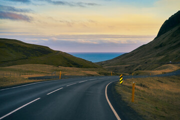 The ring road of route 1 for road trip iceland travel with sight seeing with mountain golden light...