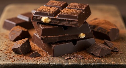 Closeup view of a stack of dark chocolate bars dusted with cocoa powder, on a rustic wooden board