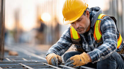 construction worker kneeling steel at site