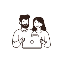 Doodle illustration of a smiling couple working together on a laptop
