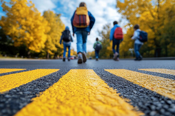 Students walking on crosswalk in autumn with yellow trees around