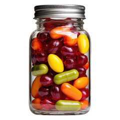 Colorful Assortment of Dietary Supplements and Vitamins in a Clear Glass Jar Displayed for Nutritional Benefits and Wellness