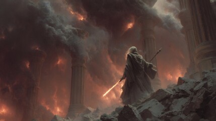 Powerful wizard holding glowing staff in burning fantasy world