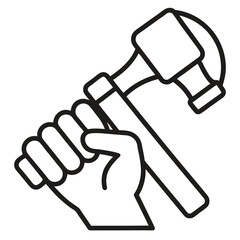 Hand gripping hammer black icon on white background.