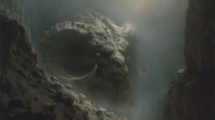 Giant dragon emerging from misty cave in dark fantasy scene
