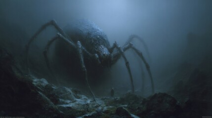 Giant spider emerging from fog in dark fantasy world
