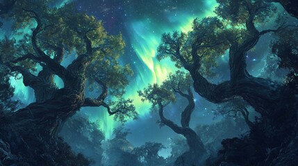 Fototapeta premium Mystical forest under a vibrant aurora borealis