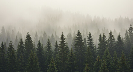 Misty Mountain Forest Serene Evergreen Trees in Fog