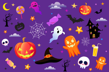 Fototapeta premium halloween seamless pattern with cute ghost, pumpkins, bats, and other spooky elements. Festival vector background for holiday celebration and autumn event.