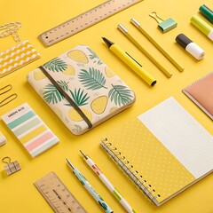  "Flat lay of colorful stationery and laptop on yellow background."
