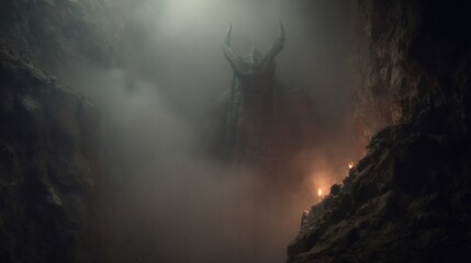 Demon statue emerging from fog in dark cave with torches