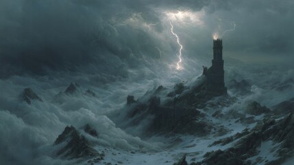 Lightning striking dark fantasy tower on mountain peak