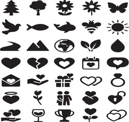 Love and Nature Silhouette Icon Set – Heart, Relationship, and Eco Symbols Collection

