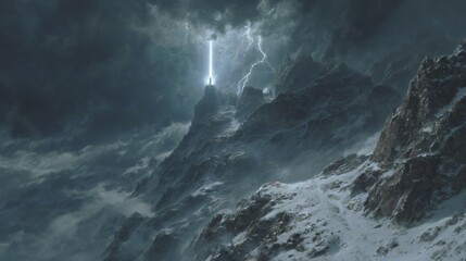 Lightning striking fantasy castle on snowy mountain peak