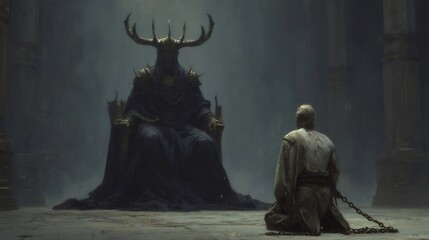 Prisoner kneeling before dark fantasy king with antlers on throne