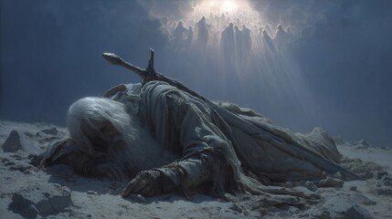 Fallen king with sword witnessing angelic figures in fantasy world