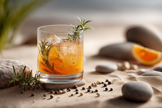 A single amber-hued drink with ice, garnished with rosemary and orange, resting on smooth beach stones amidst sand and scattered peppercorns.

