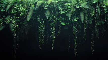 Lush green wall covered in exotic ferns and hanging vines. Dark botanical background. Space for text