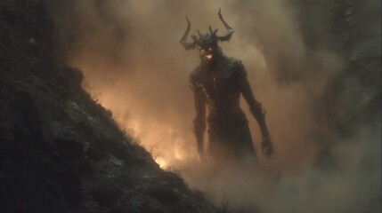 Demon emerging from fog in burning landscape