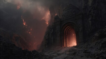 Imposing stone gate leading to fiery underworld in dark fantasy scene