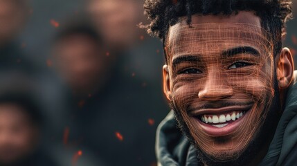 Headshot of a football player with digital computerized lines overlaying and diagramming his face