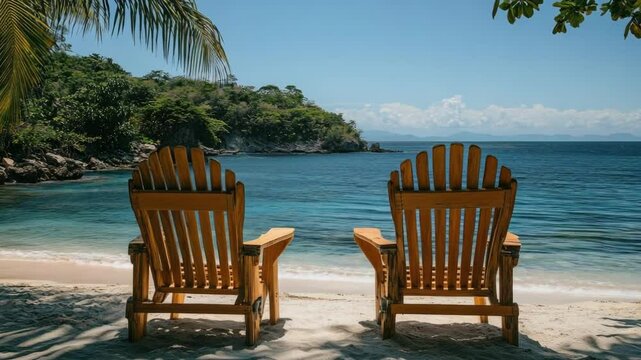 Paradise beach scene with empty wooden chairs overlooking scenic ocean waves