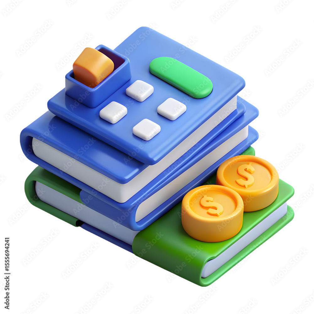 Poster stack of books with calculator and coins isolated on transparent background