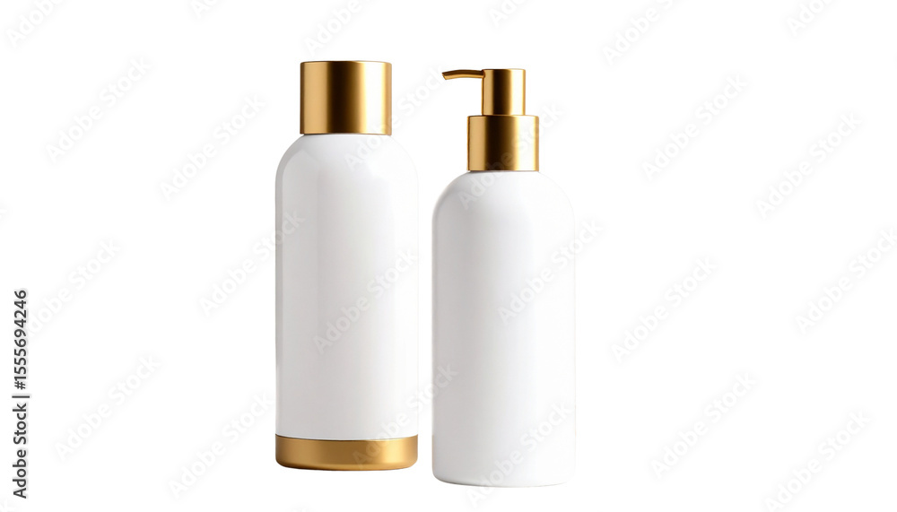 Poster white bottle with gold lid and white base on a plain background for packaging and product display
