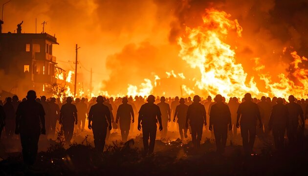 Crowds fleeing burning city at night