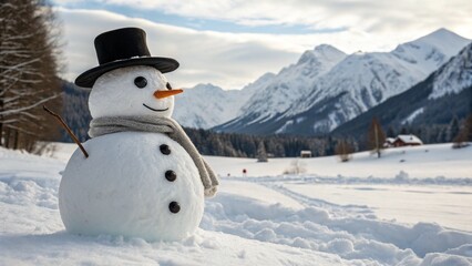 Photorealistic Snowman in Winter Mountains with Hat and Carrot Nose