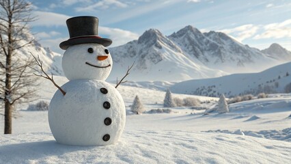 Photorealistic Snowman in Winter Mountains with Hat and Carrot Nose