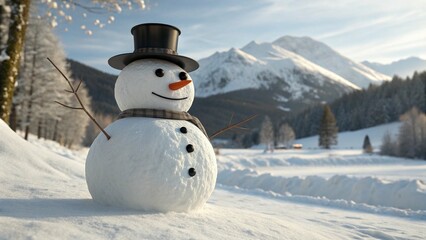 Photorealistic Snowman in Winter Mountains with Hat and Carrot Nose