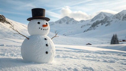 Photorealistic Snowman in Winter Mountains with Hat and Carrot Nose