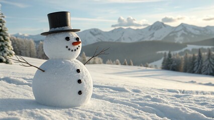 Photorealistic Snowman in Winter Mountains with Hat and Carrot Nose