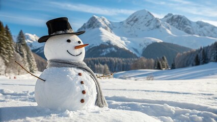Photorealistic Snowman in Winter Mountains with Hat and Carrot Nose