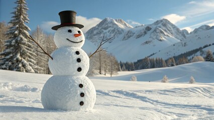 Photorealistic Snowman in Winter Mountains with Hat and Carrot Nose