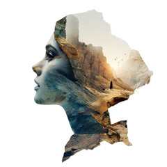 An Ethereal Silhouette Merging Nature and Human Emotion: A Captivating Portrait Blending Mountains and Desert Landscapes within a Woman's Profile