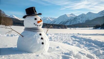 Photorealistic Snowman in Winter Mountains with Hat and Carrot Nose