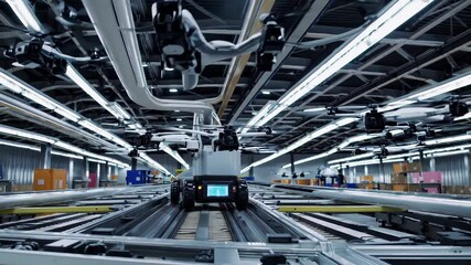 High tech warehouse utilizing automated guided vehicles and drones for optimizing inventory management, enhancing operational efficiency in modern distribution center - Powered by Adobe