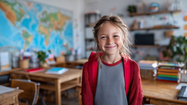 Happy elementary school girl in classroom - Powered by Adobe