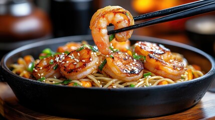 Shrimp and vegetable noodles, brightened by a hint of sesame and fresh herbs.
