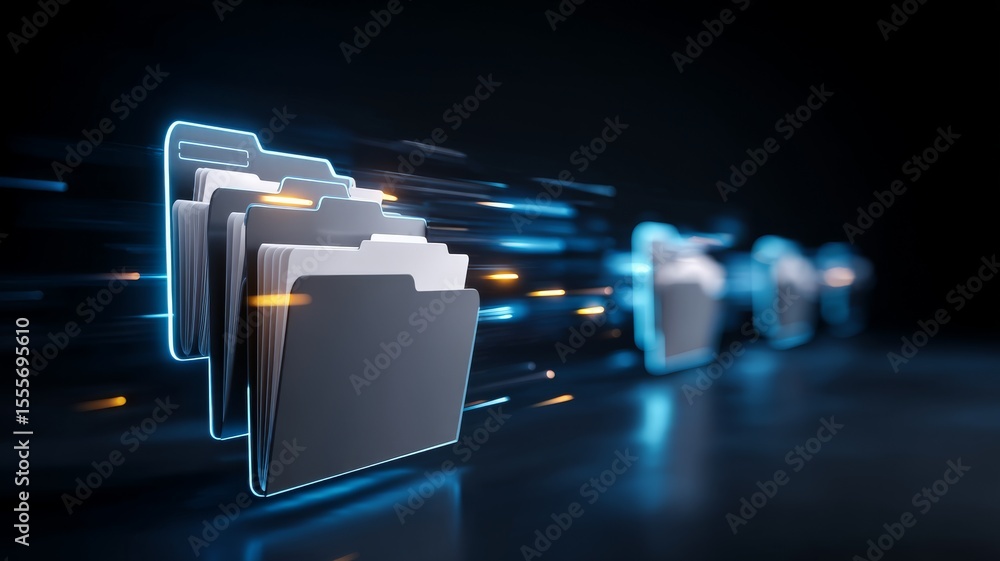 Poster illustration of multiple white folder icons with futuristic design and motion effects on dark backgr