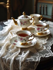 Fototapeta premium Elegant Porcelain Tea Set with Pink Roses Gold Trim on Delicate Lace