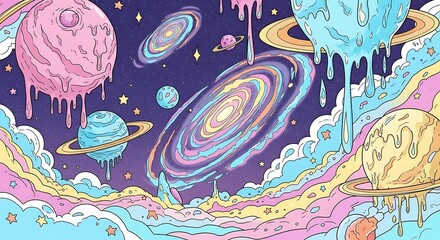 A colorful cartoon illustration of planets and galaxies in a surreal landscape